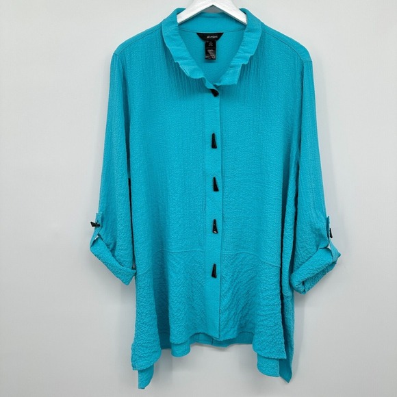 Ali Miles Top Shirt Blouse Size 1X Stretch Crinkle Blue Lagenlook Boho Button Up - Picture 1 of 16